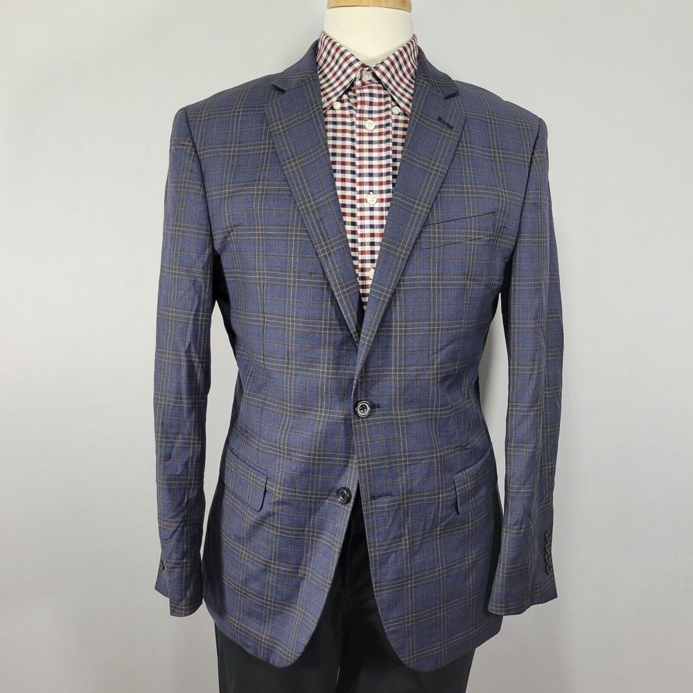 Egara‎ Men's Sport Coat Blazer Two Button Navy Brown Plaid Poly Blend Slim 42R